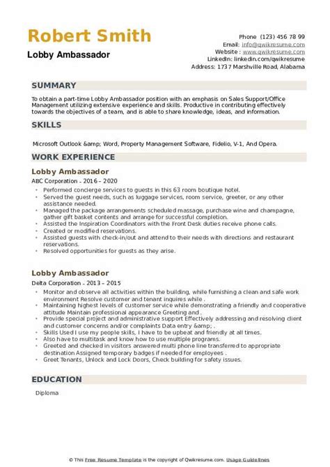 lobby ambassador duties|Lobby Ambassador Resume Samples .